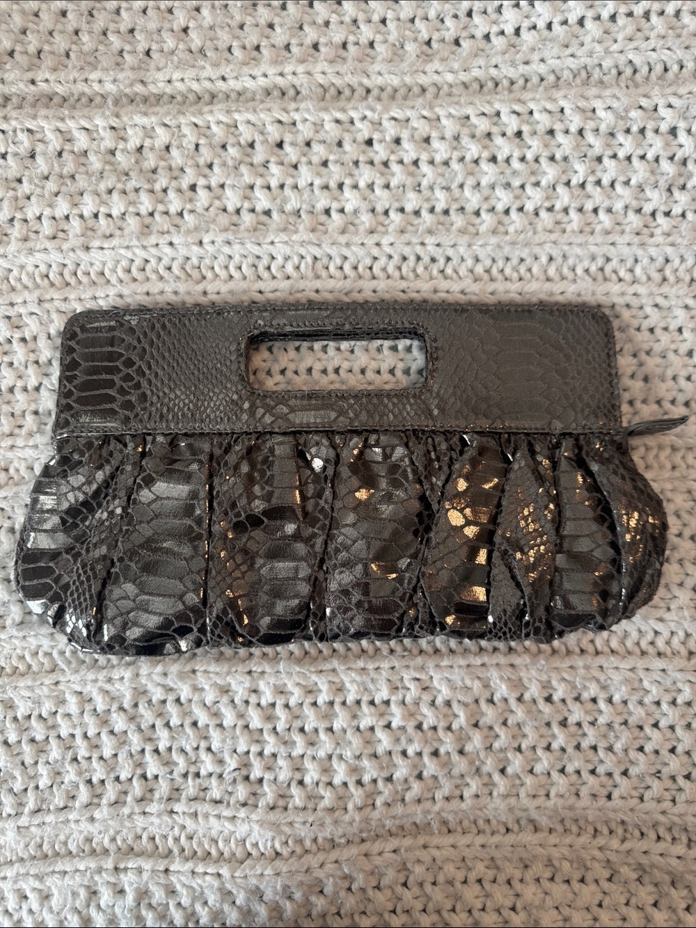 attention Black Faux-Snakeskin Pleated Wristlet Clutch